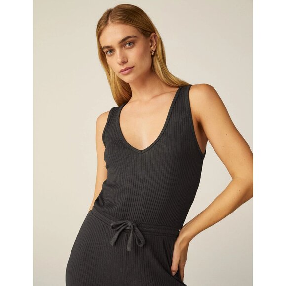Beyond Yoga Black Ribbed Jetsetter Jumpsuit Sleeveless V-Neck Drawstring Waist - Picture 7 of 10